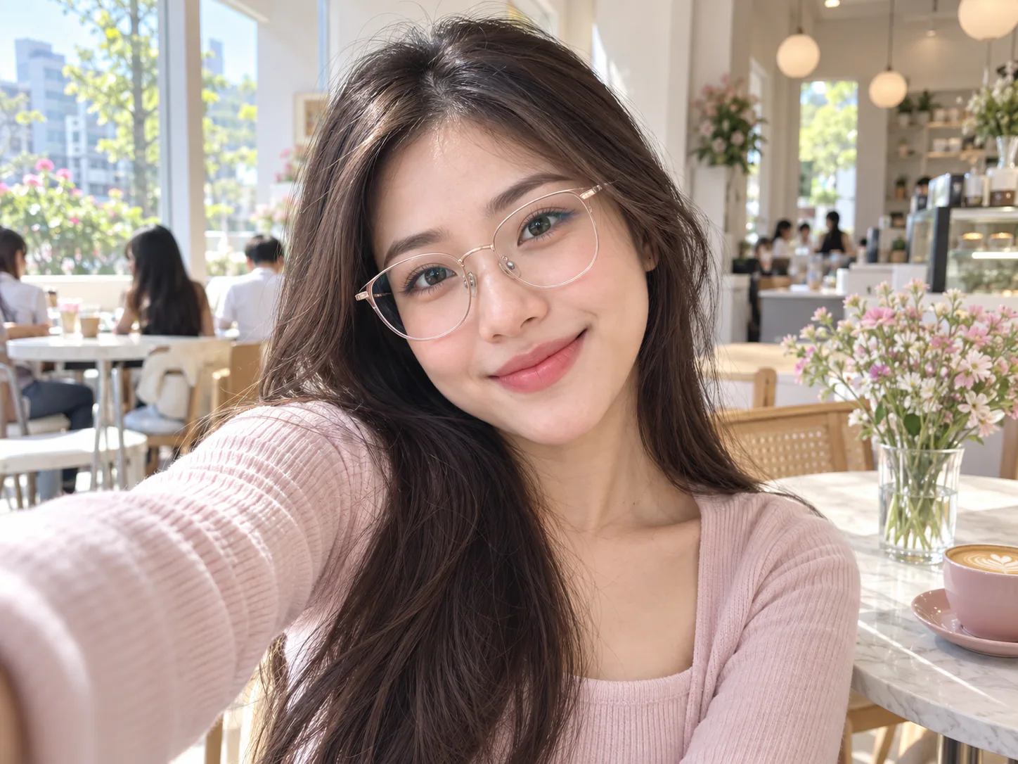 佩戴眼镜的女性自拍场景