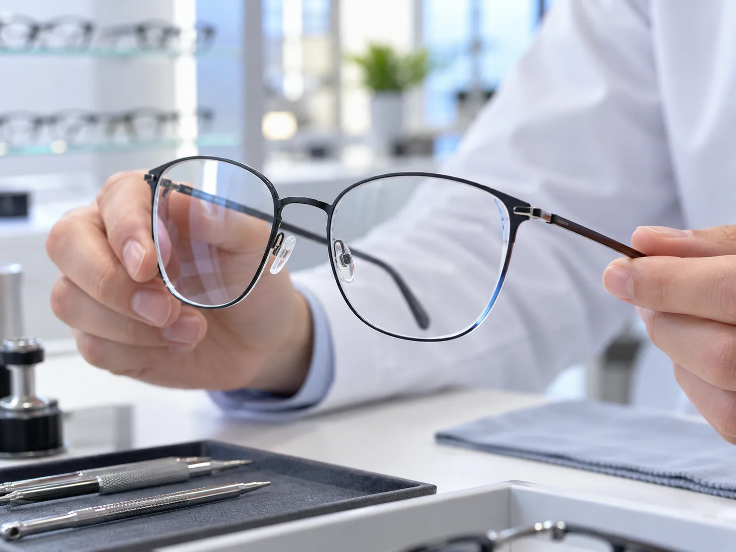 验光师手持眼镜展示镜片细节