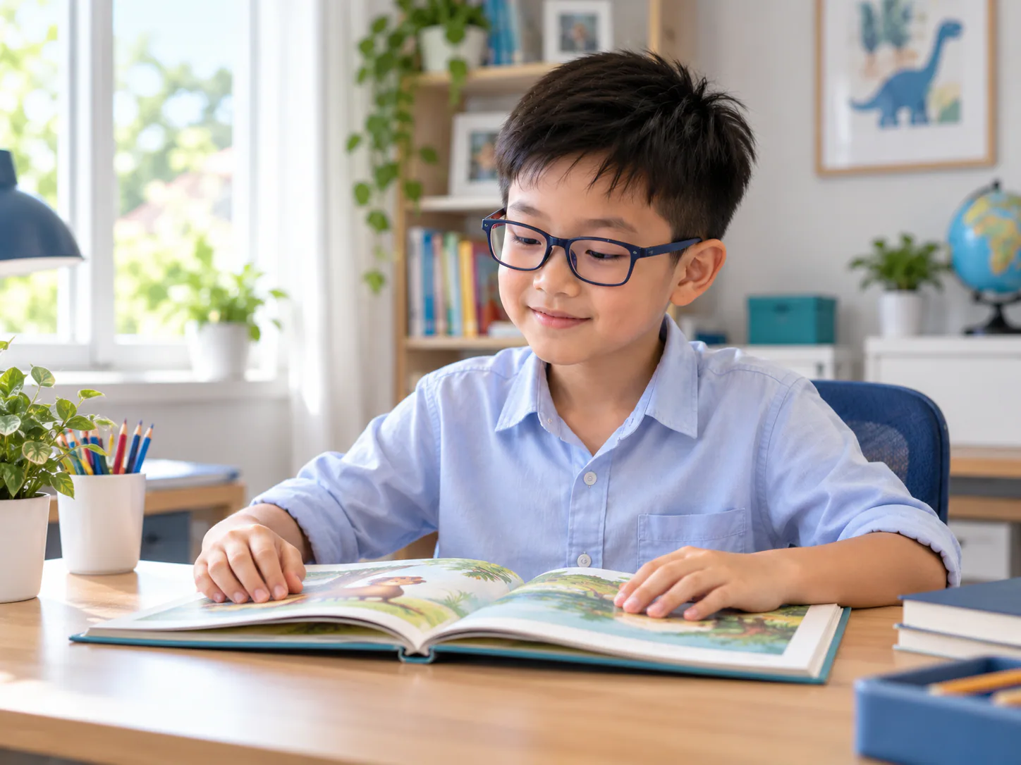 孩子戴着眼镜在明亮书桌前阅读